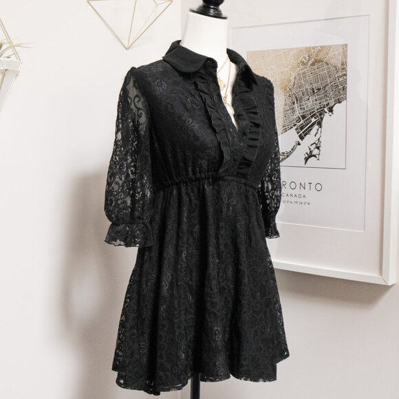 Black Lace Ruffle Collared Babydoll Dress 🧛‍♀️ JAPANESE BRAND - Picture 3 of 10